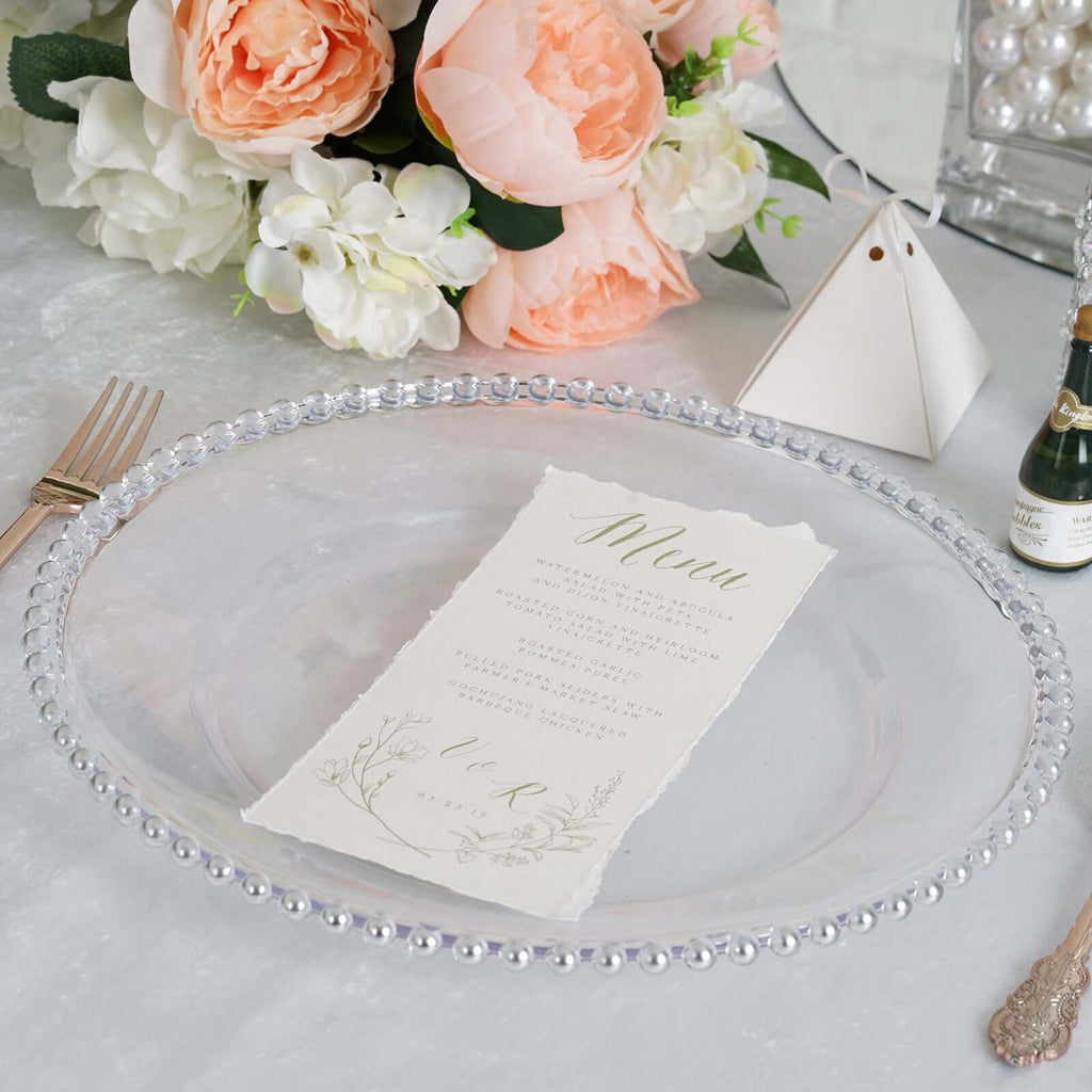 6-Pack Acrylic Round Charger Plates 13" in Clear with Silver Beaded Rim, Decorative Dinner Party Serving Plates