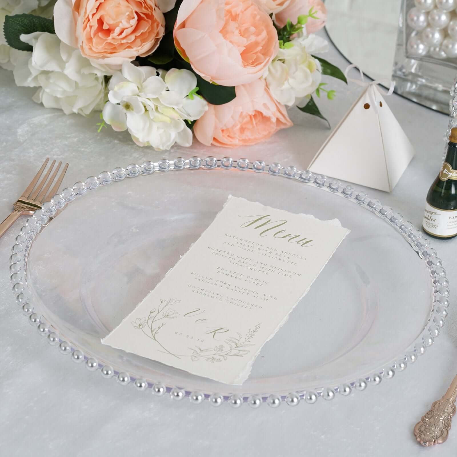 6-Pack Acrylic Round Charger Plates 13" in Clear with Silver Beaded Rim, Decorative Dinner Party Serving Plates