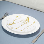 10-Pack Plastic 8" Round Dessert Plates in White with Gold Marble Print - Disposable Appetizer/Salad Plates for Chic Banquets & Special Occasions