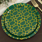 20-Pack Set Plastic Round Dinner and Salad Plates in Hunter Emerald Green with Geometric Gold Print - Modern Disposable Dinnerware Set for Weddings & Celebrations 9", 7"