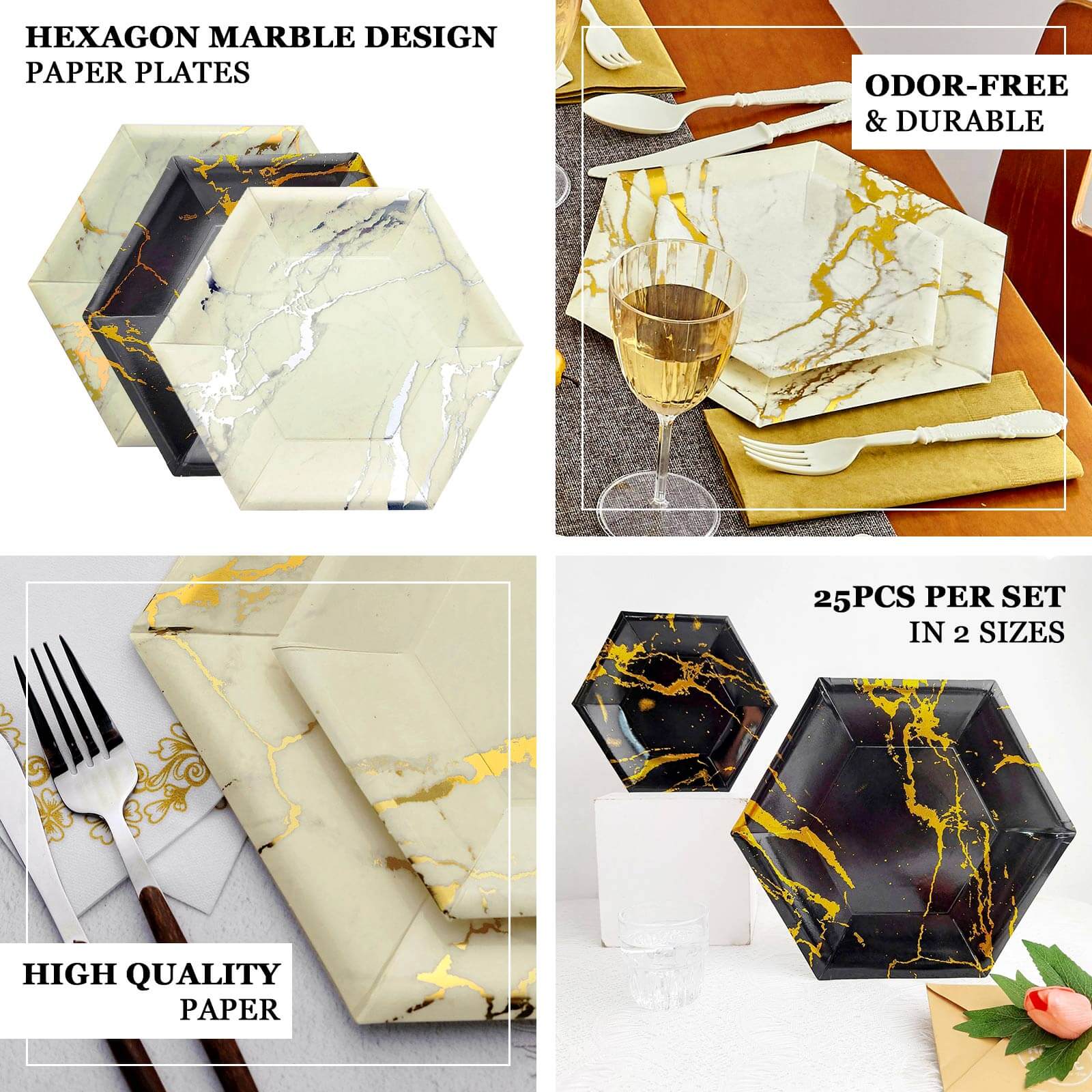 25-Pack Paper 8.5" Hexagon Dessert Plates in Ivory with Silver Marble Design - Disposable Geometric 400GSM Appetizer Salad Plates for Events & Banquets