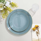 10-Pack Plastic 8" Round Dessert Plates in Dusty Blue with Gold Rim - Glossy Disposable Appetizer Salad Plates