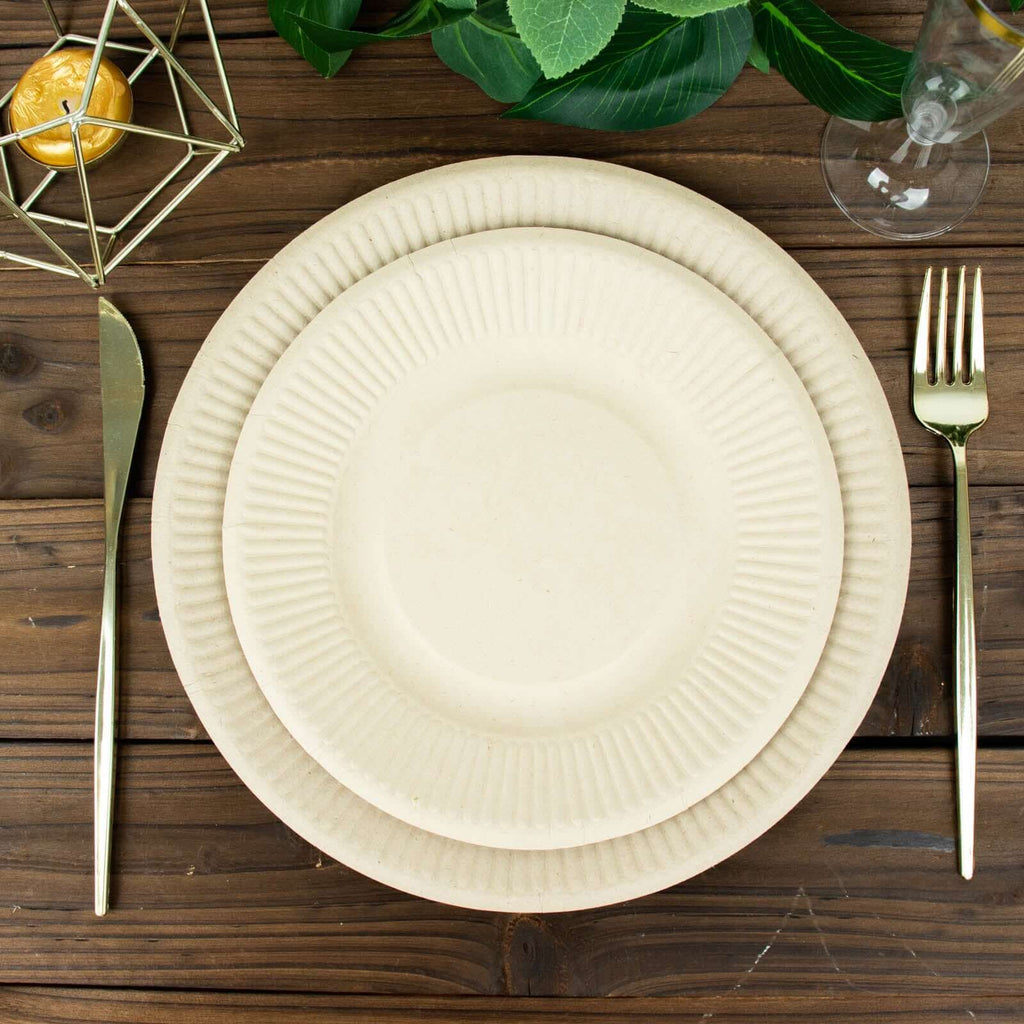 50-Pack Bagasse 8" Round Dessert Plates in Natural with Ribbed Rim