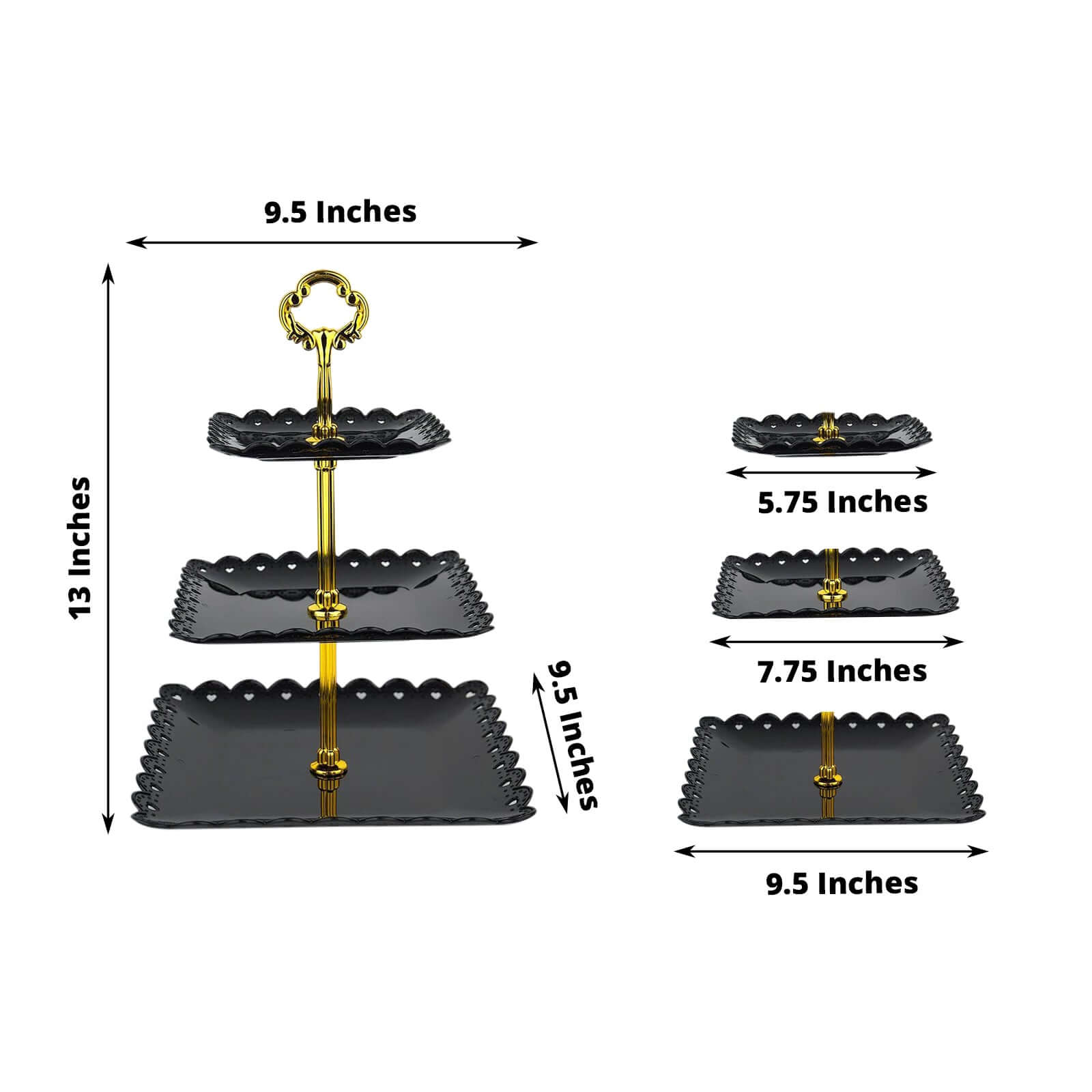 3-Tier Plastic Square Cupcake Stand Tower Black - Charming Disposable Dessert Display Serving Tray Platter with Heart Wavy Edge & Gold Top Handle for Tea Parties Weddings & Special Occasions 13"