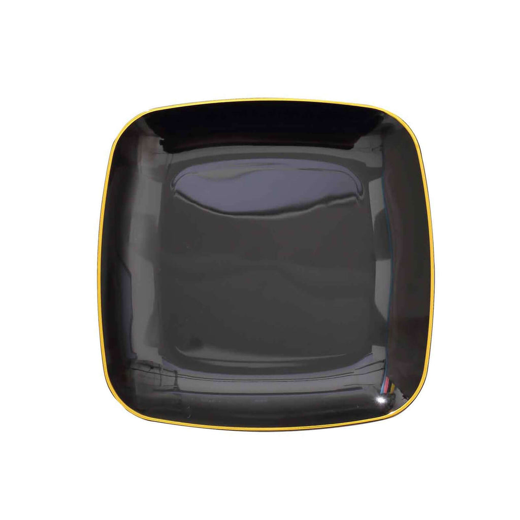 10-Pack Plastic 7" Square Dessert Plates in Black with Gold Rim - Classy Disposable Appetizer Salad Plates