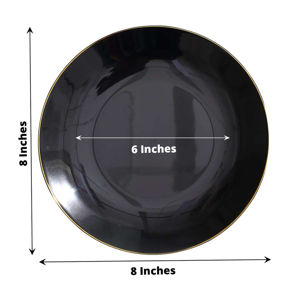 10-Pack Plastic 8" Round Dessert Plates in Black with Gold Rim - Glossy Disposable Appetizer Salad Plates