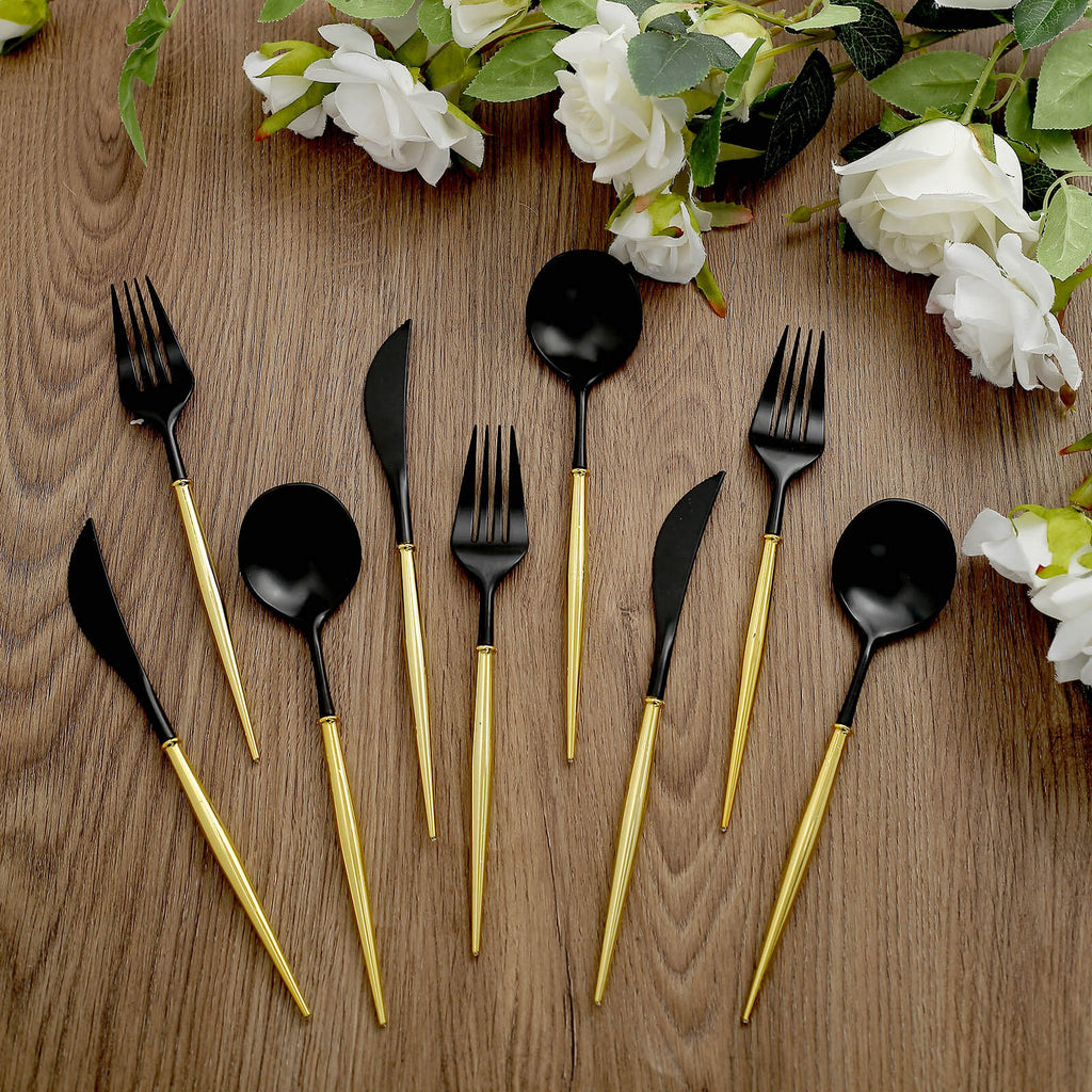 24-Pack Plastic Flatware Set in Black with Gold Handle - Heavy Duty Disposable Modern Silverware 8"