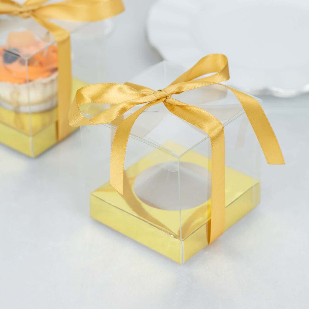 12 Pack 3.5" Clear Metallic Gold Disposable Cupcake Boxes With Ribbon Tie, Plastic Wedding Favor Boxes