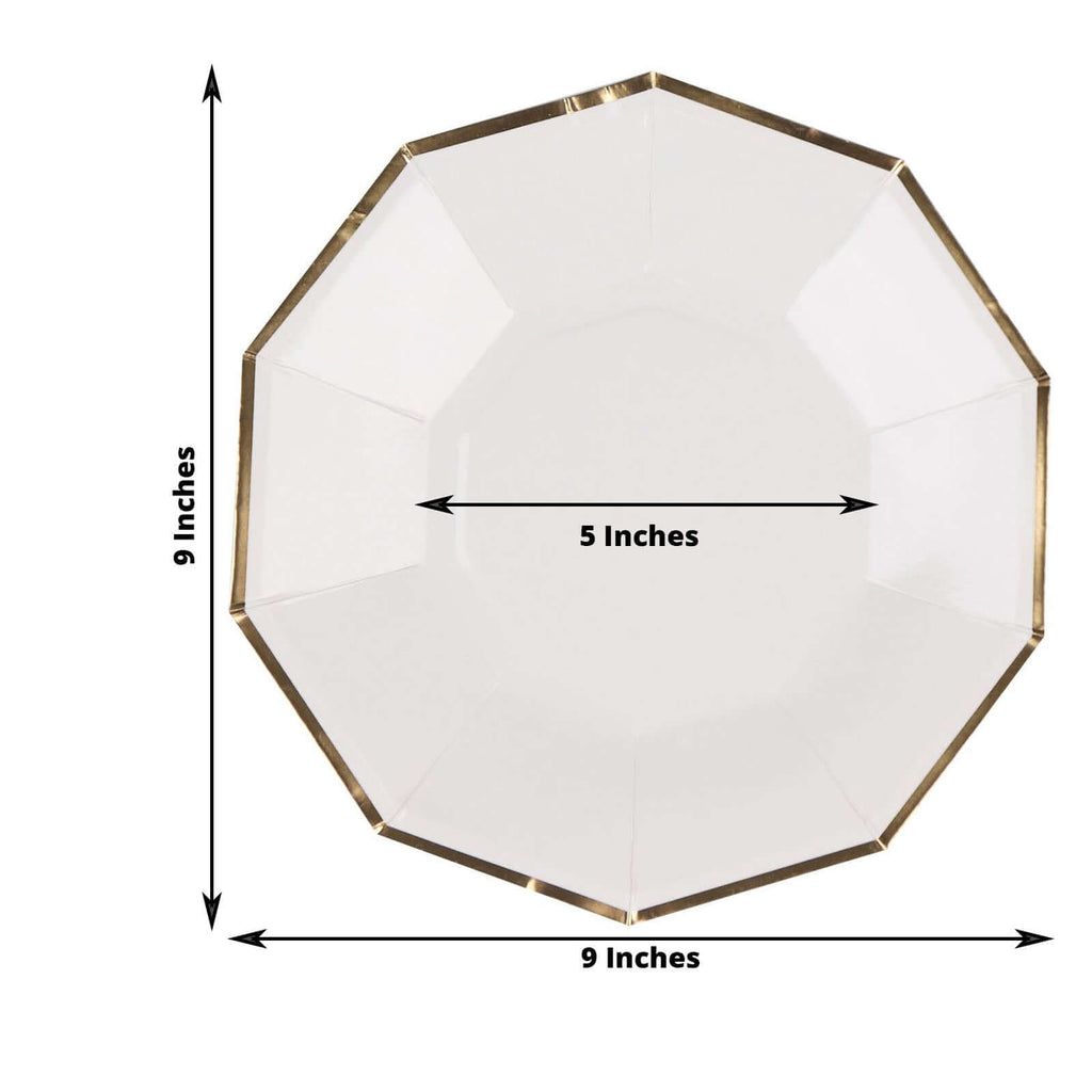 25-Pack Paper 9" Decagon Dinner Plates in White with Gold Foil Rim - Disposable Geometric Party Plates for Modern Weddings & Events
