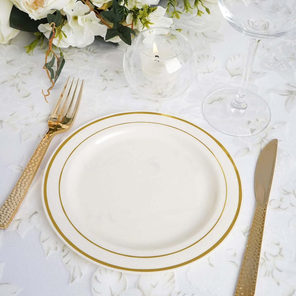 10-Pack Plastic Dessert Plates Ivory with TrÃ¨s Chic Gold Rim - Disposable Plates for Parties 8"