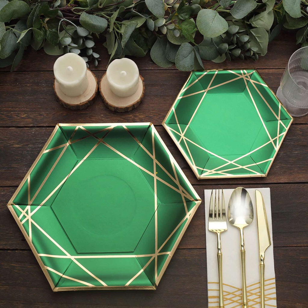 25-Pack Paper 9" Hexagon Dinner Plates in Hunter Emerald Green with Gold Geometric Lines & Rim - Stylish Disposable Geometric 300GSM Party Plates