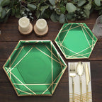25-Pack Paper 7" Hexagon Dessert Plates in Hunter Emerald Green with Gold Geometric Lines & Rim - Stylish Disposable Geometric 300GSM Appetizer Salad Plates