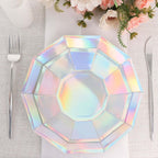25-Pack Paper 9" Decagon Dinner Plates in Iridescent - Disposable Geometric Party Plates for Disco & Space Themed Events