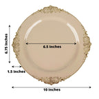 10-Pack Plastic 10" Round Dinner Plates in Taupe with Gold Leaf Embossed Rim - Disposable Vintage Baroque Style Plates