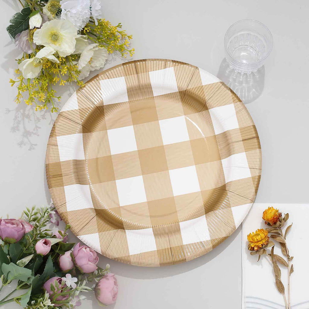 10-Pack Disposable Paper Charger Plates â€“ Gold/White Buffalo Plaid 13" Round Table Chargers, 350 GSM Cardstock