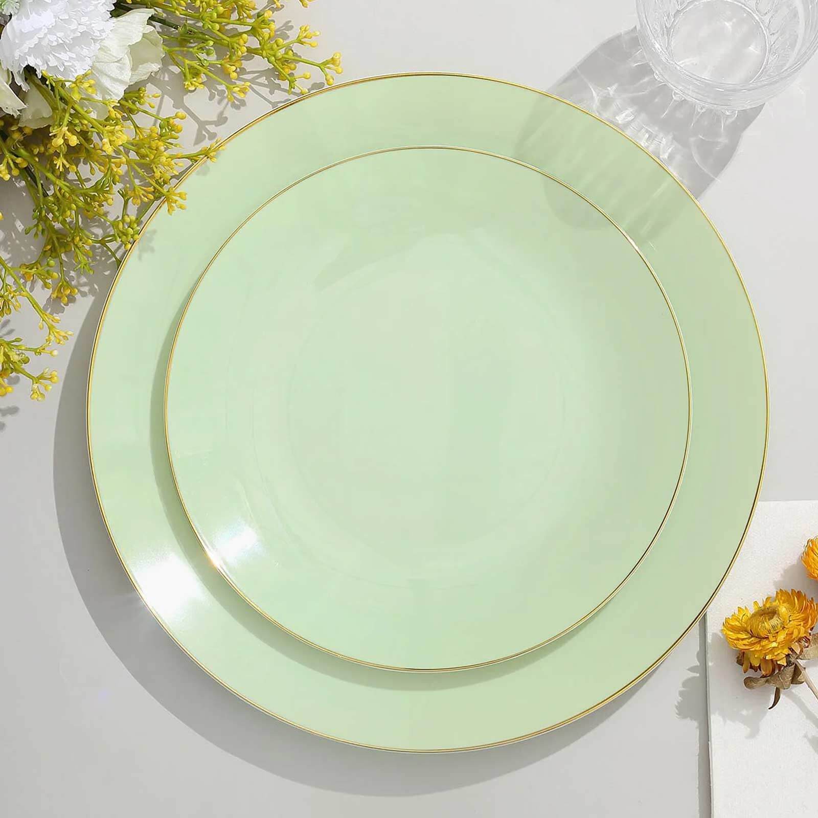 10-Pack Plastic 8" Round Dessert Plates in Sage Green with Gold Rim - Glossy Disposable Appetizer Salad Plates