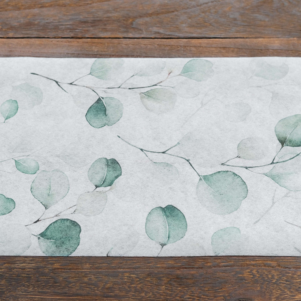 Disposable Table Runner 11"x108" White with Green Eucalyptus Leaves Print - Non - woven Stylish Spring Summer Dining Decor - Bell Racket Store