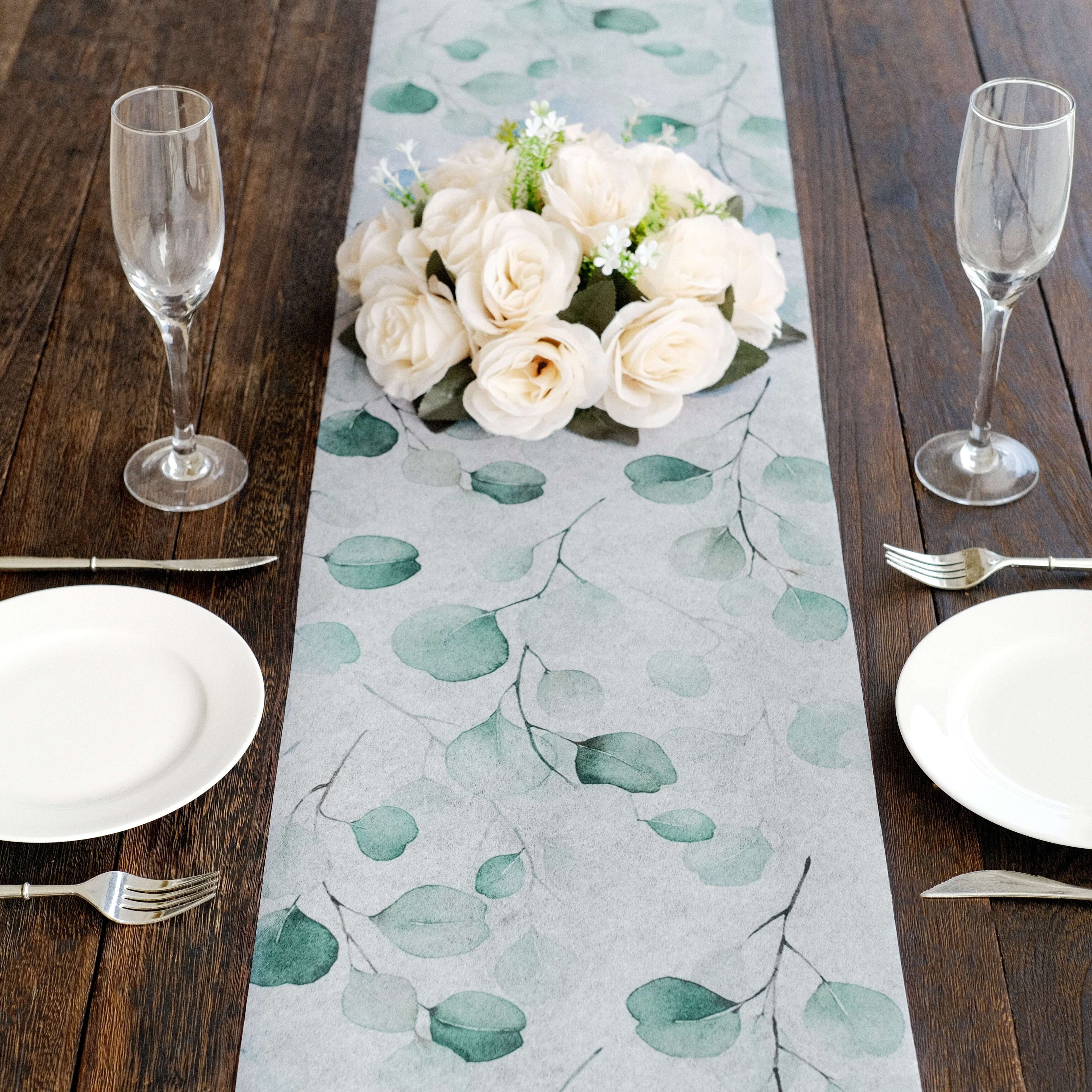 Disposable Table Runner 11"x108" White with Green Eucalyptus Leaves Print - Non - woven Stylish Spring Summer Dining Decor - Bell Racket Store