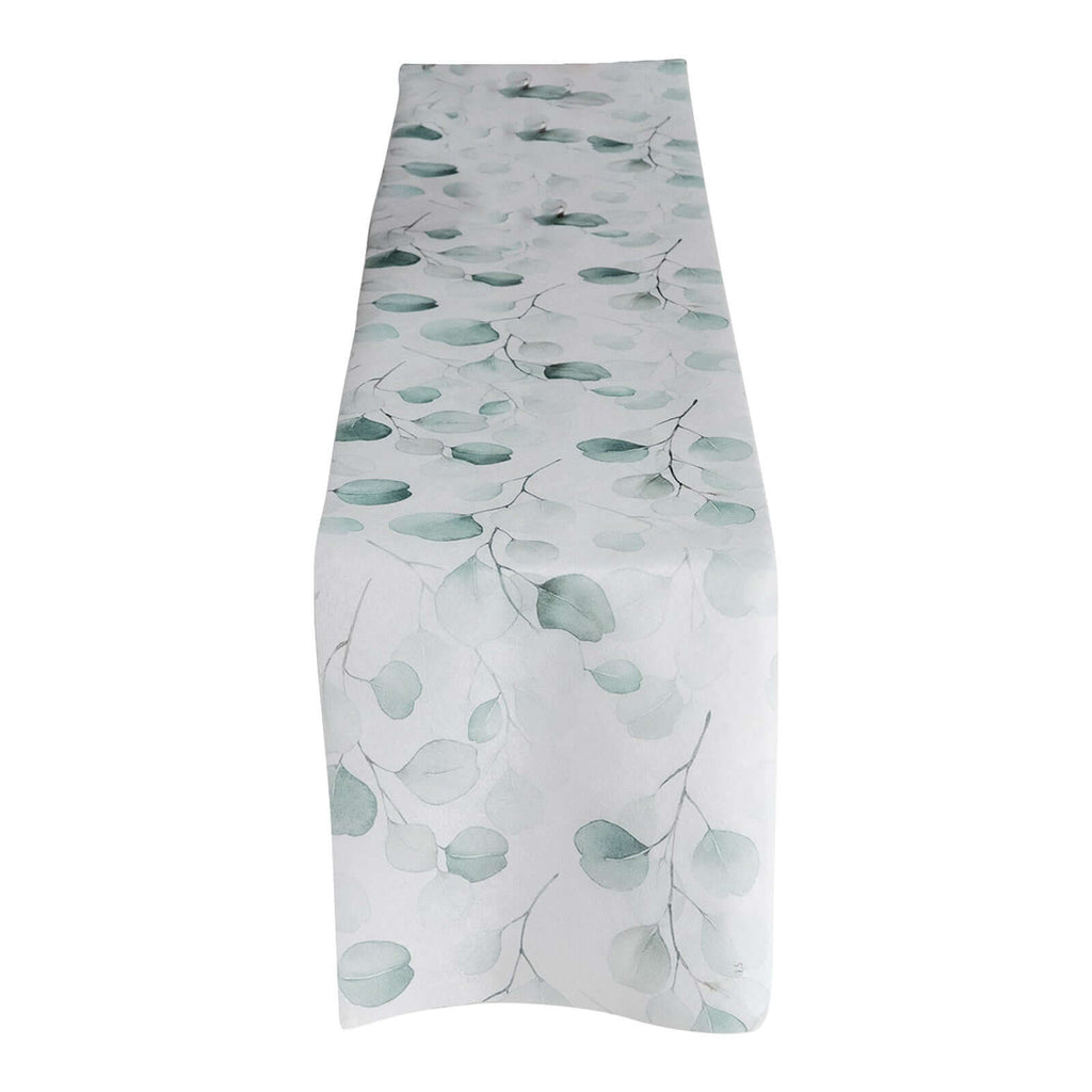 Disposable Table Runner 11"x108" White with Green Eucalyptus Leaves Print - Non - woven Stylish Spring Summer Dining Decor - Bell Racket Store