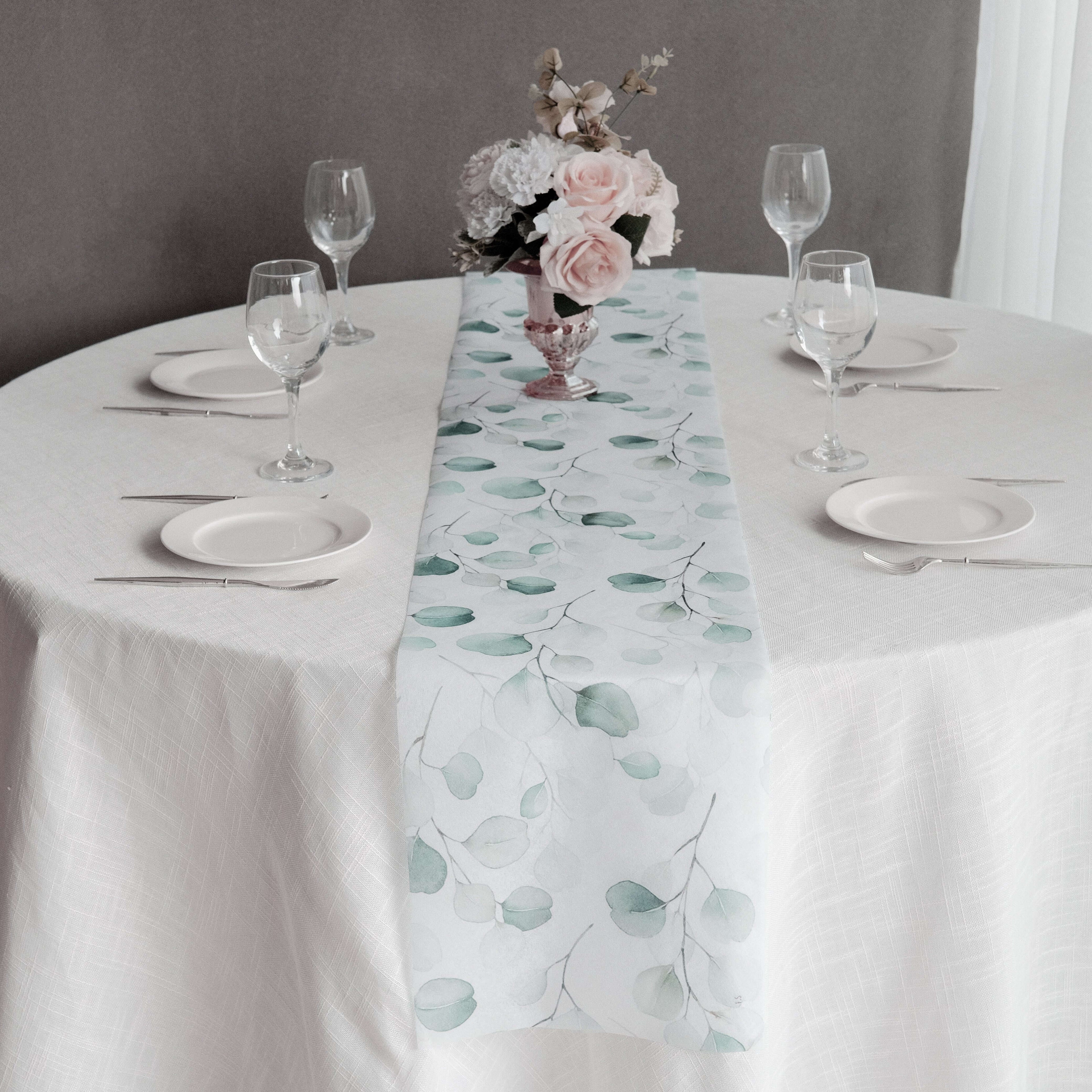 Disposable Table Runner 11"x108" White with Green Eucalyptus Leaves Print - Non - woven Stylish Spring Summer Dining Decor - Bell Racket Store