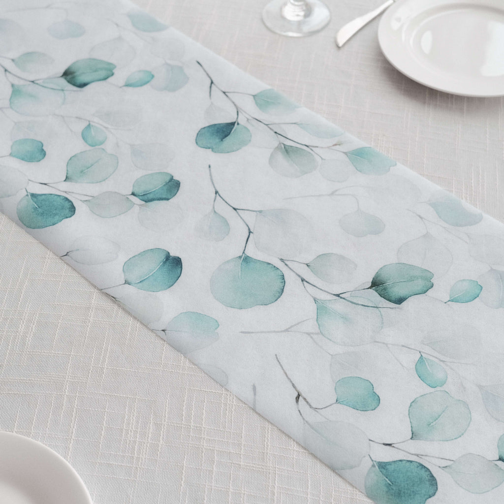 Disposable Table Runner 11"x108" White with Green Eucalyptus Leaves Print - Non - woven Stylish Spring Summer Dining Decor - Bell Racket Store