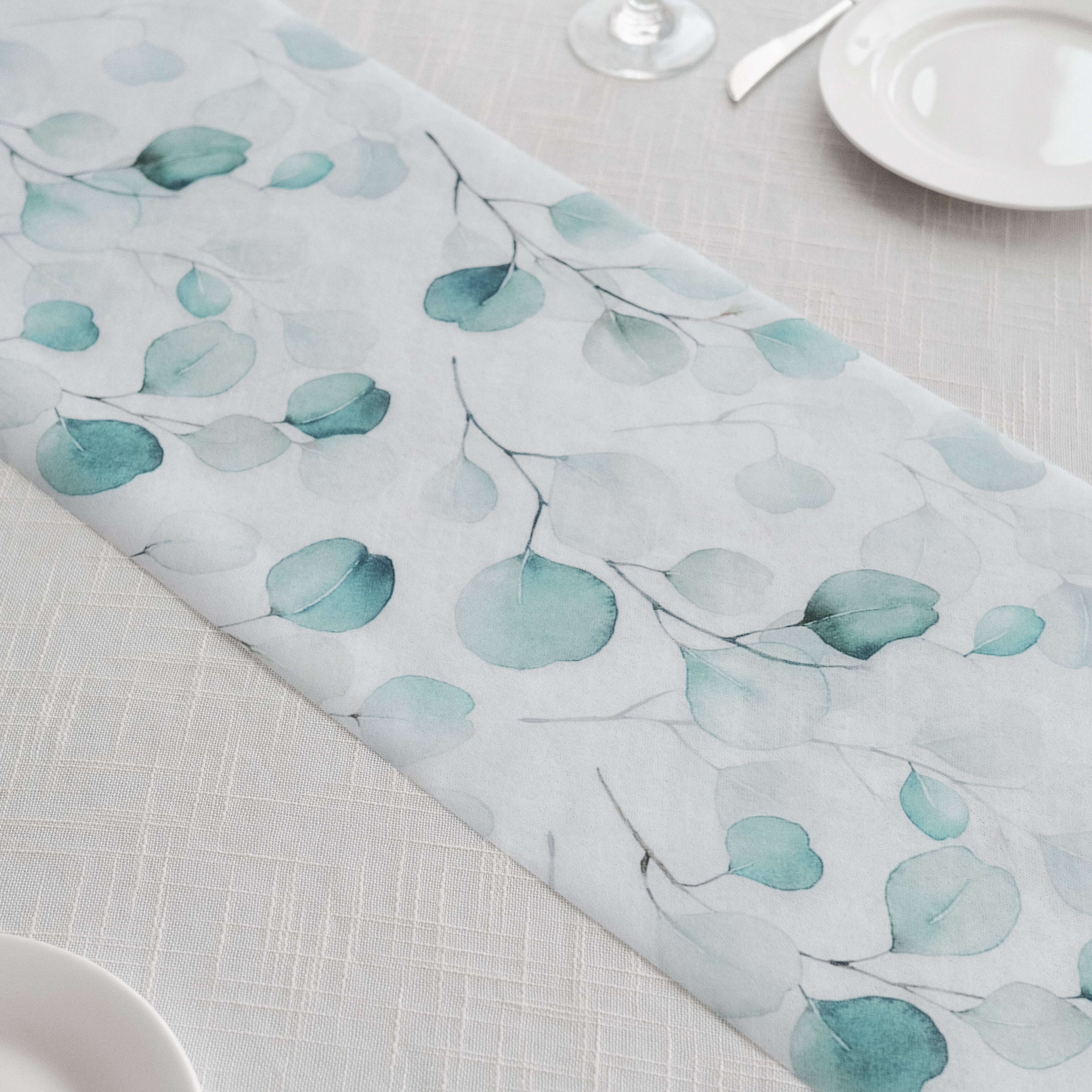 Disposable Table Runner 11"x108" White with Green Eucalyptus Leaves Print - Non - woven Stylish Spring Summer Dining Decor - Bell Racket Store