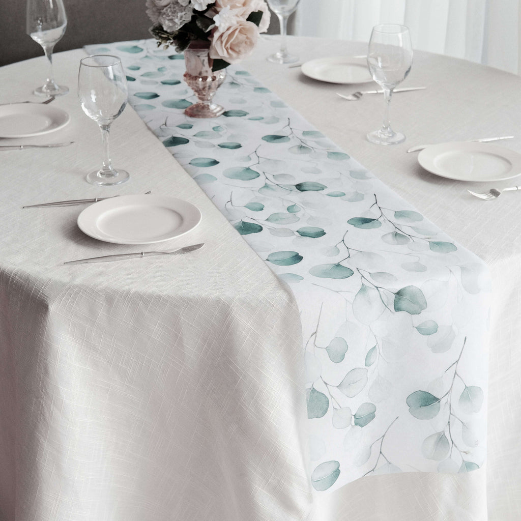 Disposable Table Runner 11"x108" White with Green Eucalyptus Leaves Print - Non - woven Stylish Spring Summer Dining Decor - Bell Racket Store