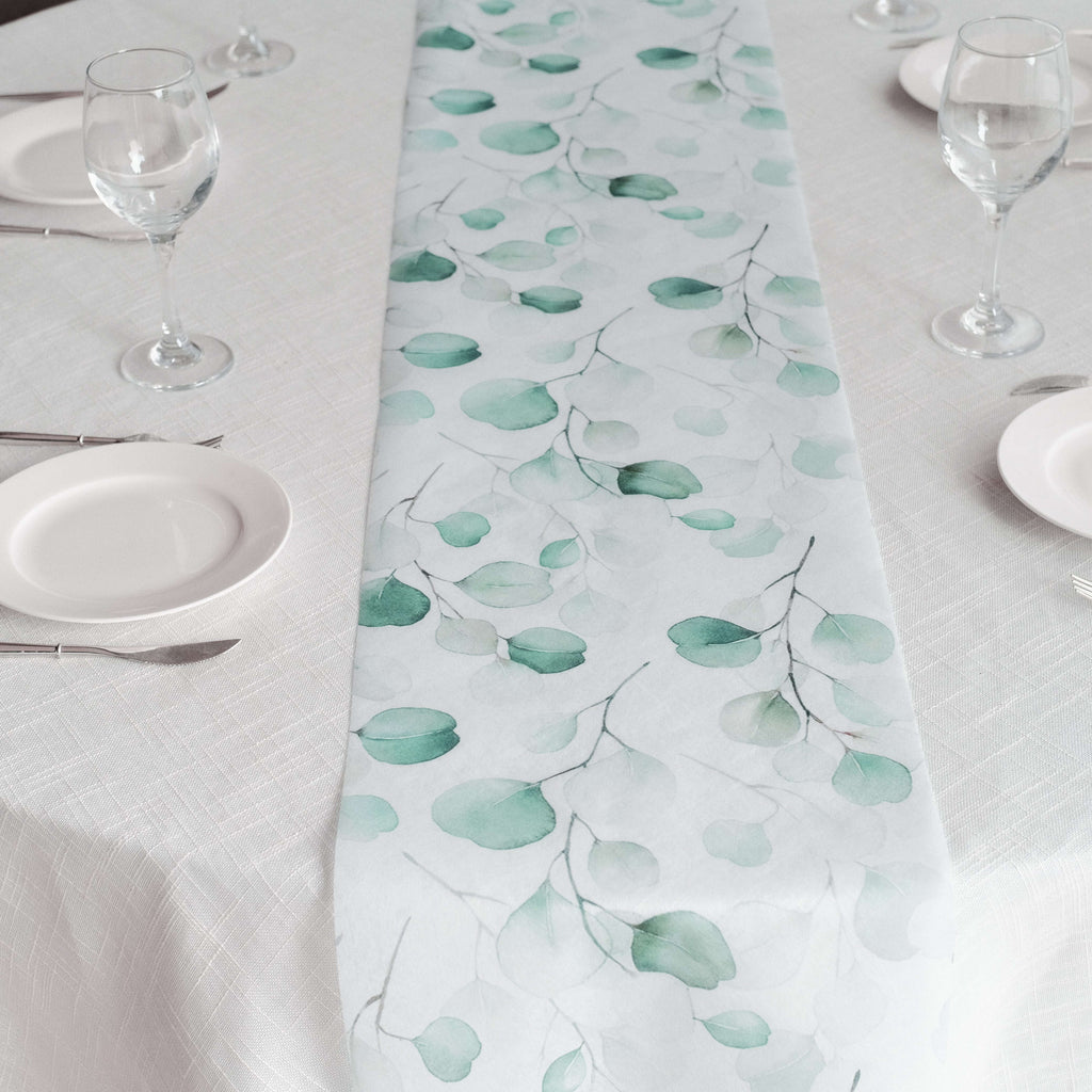 Disposable Table Runner 11"x108" White with Green Eucalyptus Leaves Print - Non - woven Stylish Spring Summer Dining Decor - Bell Racket Store