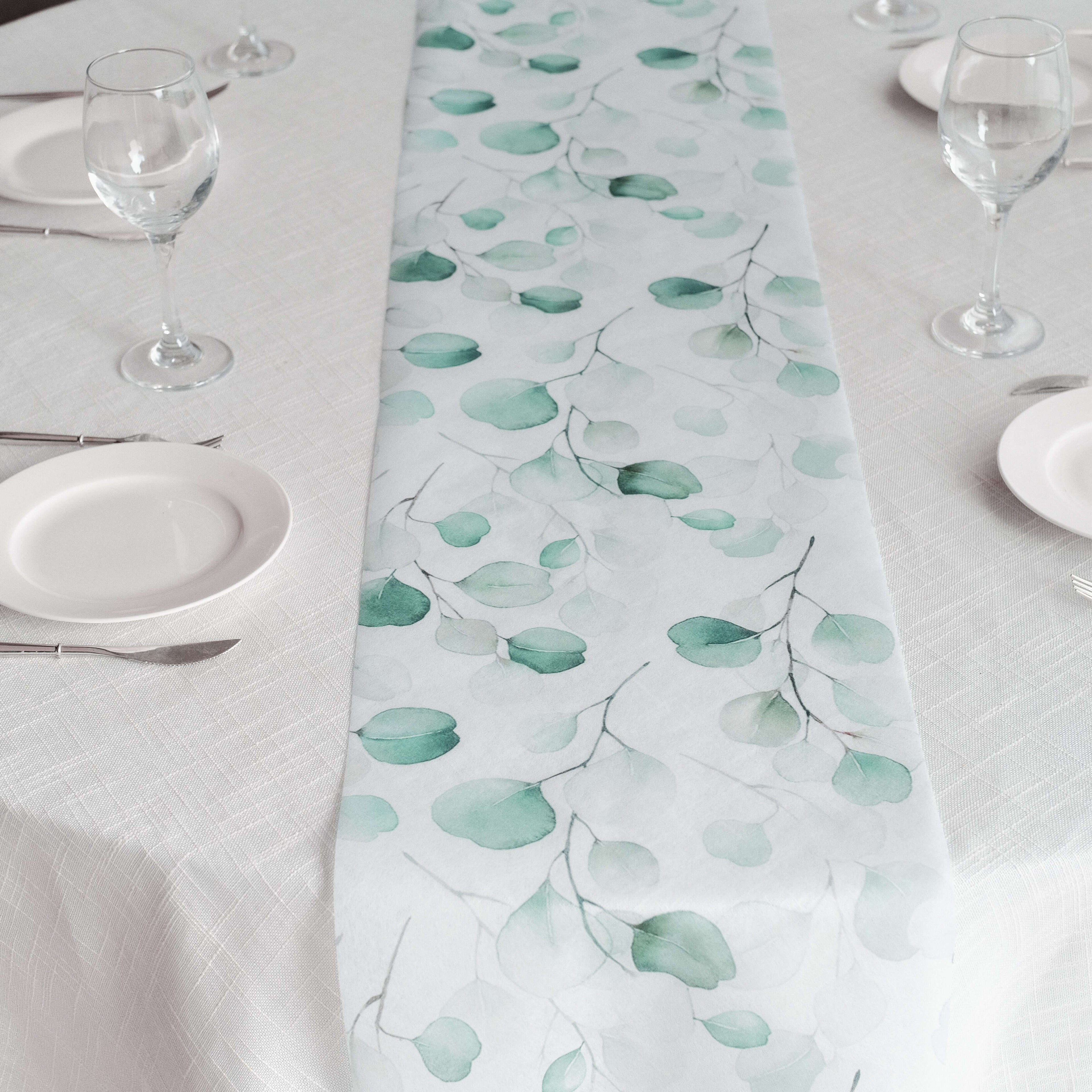 Disposable Table Runner 11"x108" White with Green Eucalyptus Leaves Print - Non - woven Stylish Spring Summer Dining Decor - Bell Racket Store