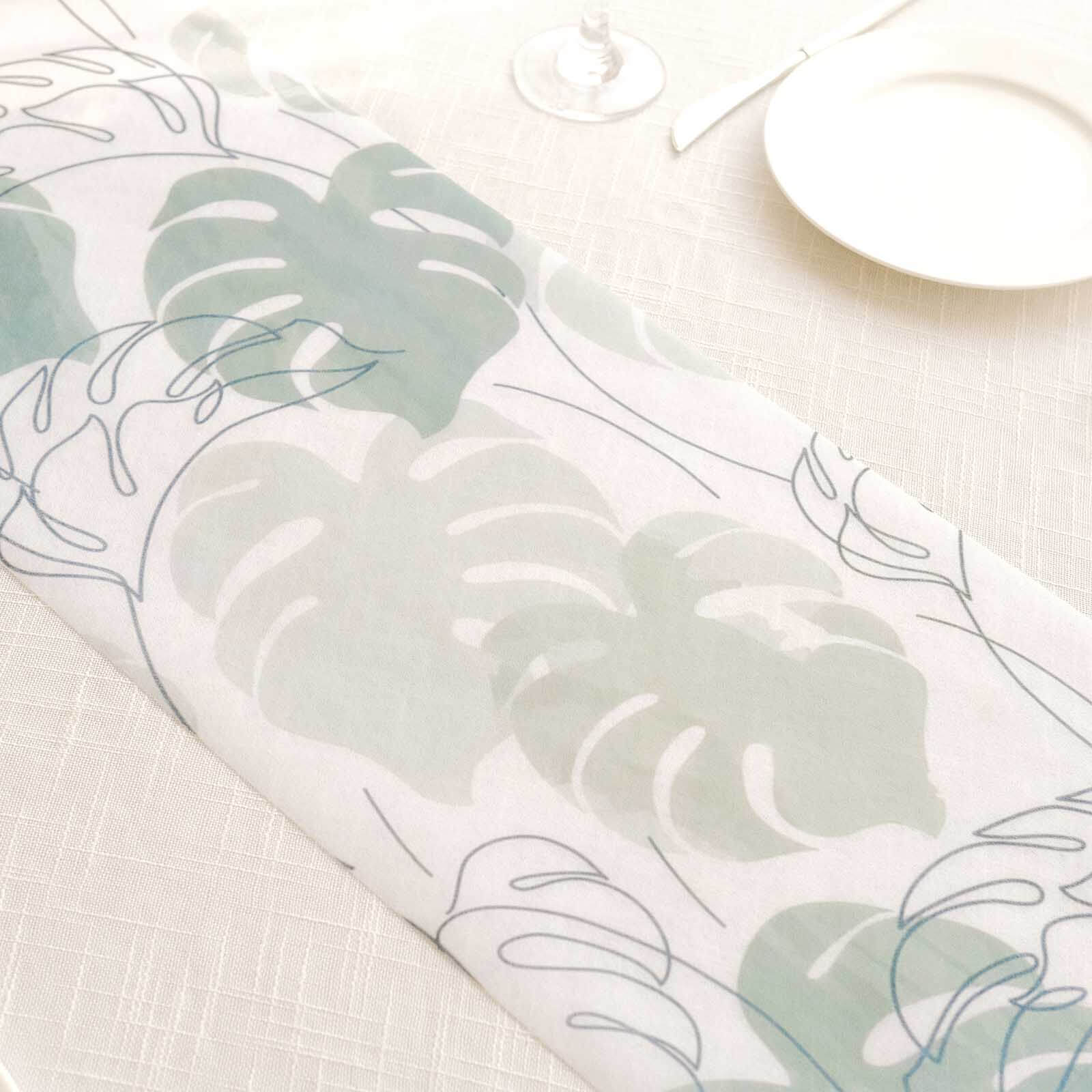 Disposable Table Runner 11"x108" White with Green Monstera Palm Leaves Print - Non - woven Stylish Spring Summer Dining Decor - Bell Racket Store
