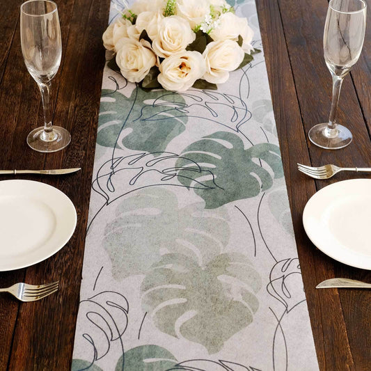 Disposable Table Runner 11"x108" White with Green Monstera Palm Leaves Print - Non - woven Stylish Spring Summer Dining Decor - Bell Racket Store