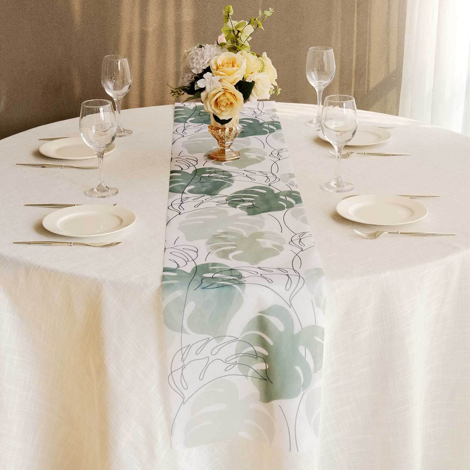 Disposable Table Runner 11"x108" White with Green Monstera Palm Leaves Print - Non - woven Stylish Spring Summer Dining Decor - Bell Racket Store