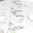 Disposable Table Runner 11"x108" White with Green Olive Leaves Print - Non - woven Stylish Spring Summer Dining Decor - Bell Racket Store