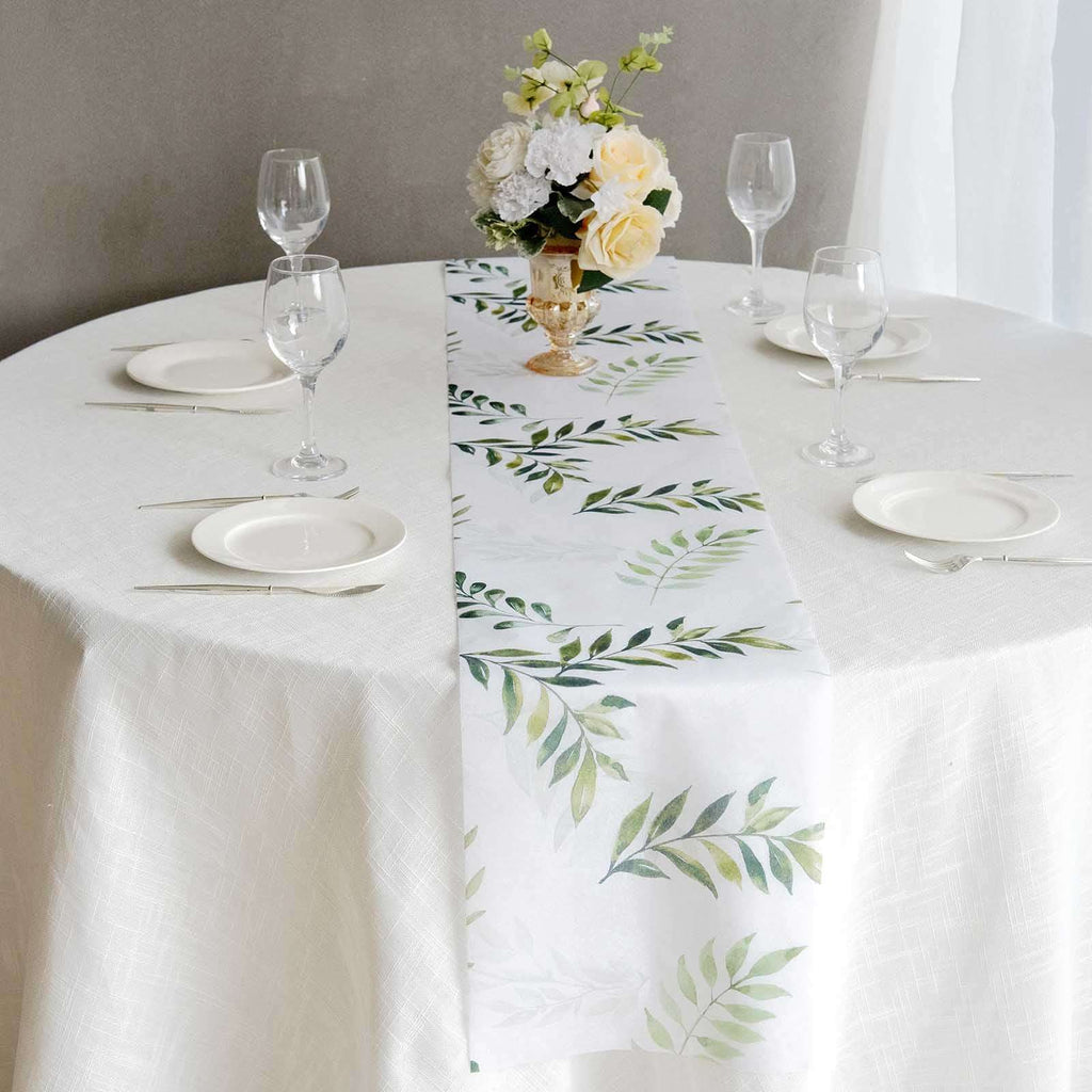 Disposable Table Runner 11"x108" White with Green Olive Leaves Print - Non - woven Stylish Spring Summer Dining Decor - Bell Racket Store