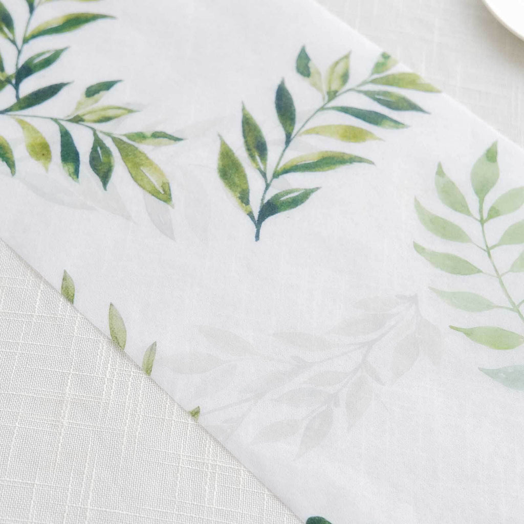 Disposable Table Runner 11"x108" White with Green Olive Leaves Print - Non - woven Stylish Spring Summer Dining Decor - Bell Racket Store