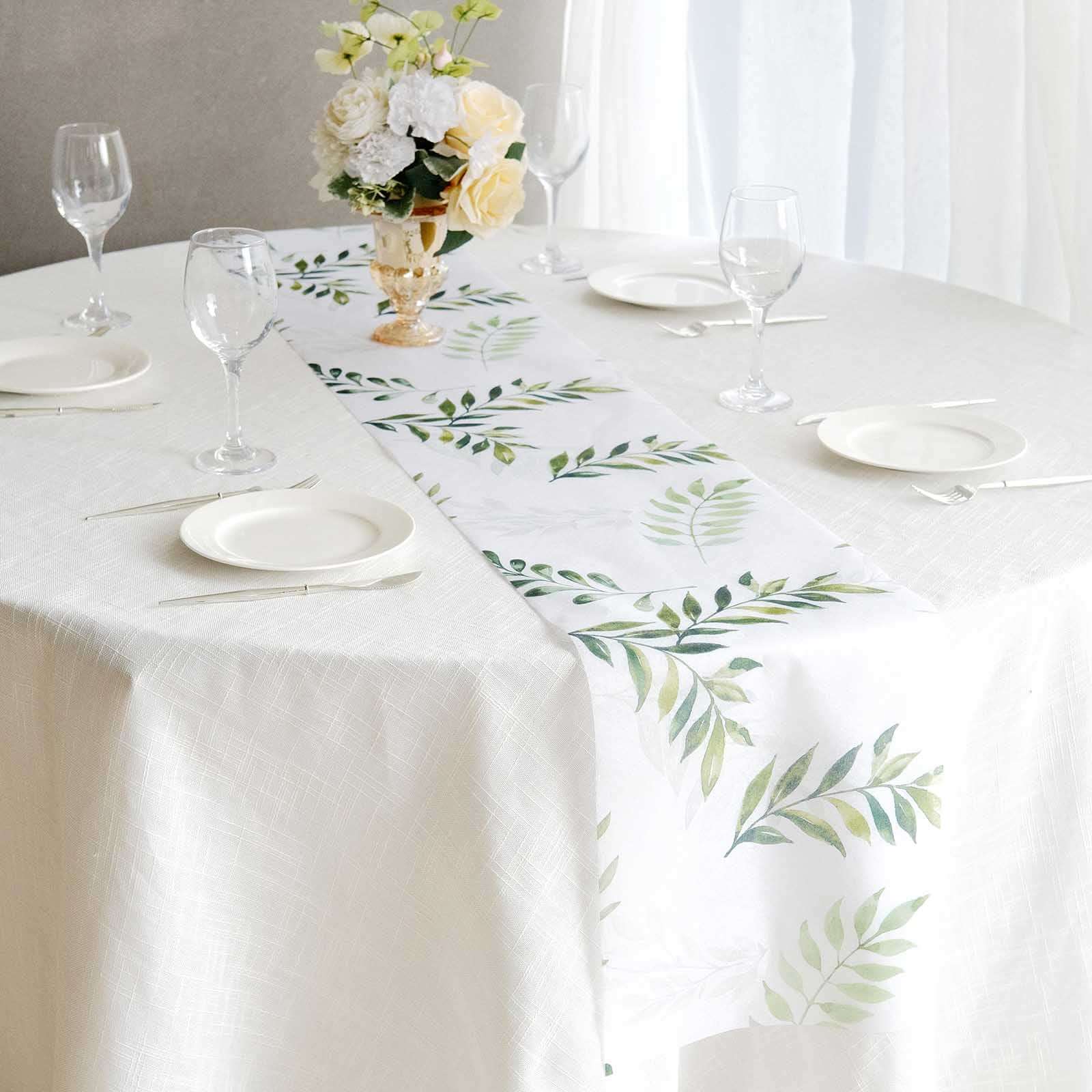Disposable Table Runner 11"x108" White with Green Olive Leaves Print - Non - woven Stylish Spring Summer Dining Decor - Bell Racket Store