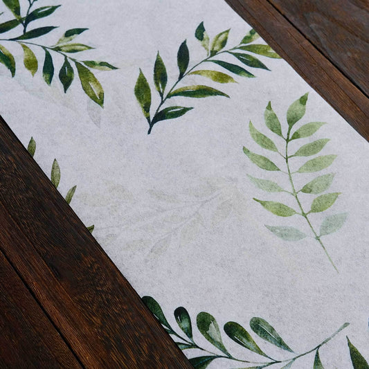 Disposable Table Runner 11"x108" White with Green Olive Leaves Print - Non - woven Stylish Spring Summer Dining Decor - Bell Racket Store