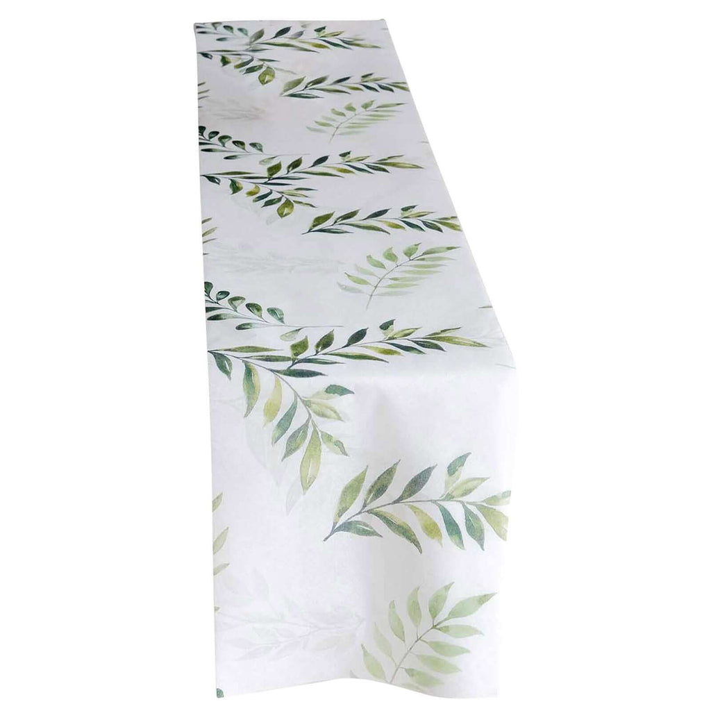 Disposable Table Runner 11"x108" White with Green Olive Leaves Print - Non - woven Stylish Spring Summer Dining Decor - Bell Racket Store