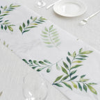 Disposable Table Runner 11"x108" White with Green Olive Leaves Print - Non - woven Stylish Spring Summer Dining Decor - Bell Racket Store