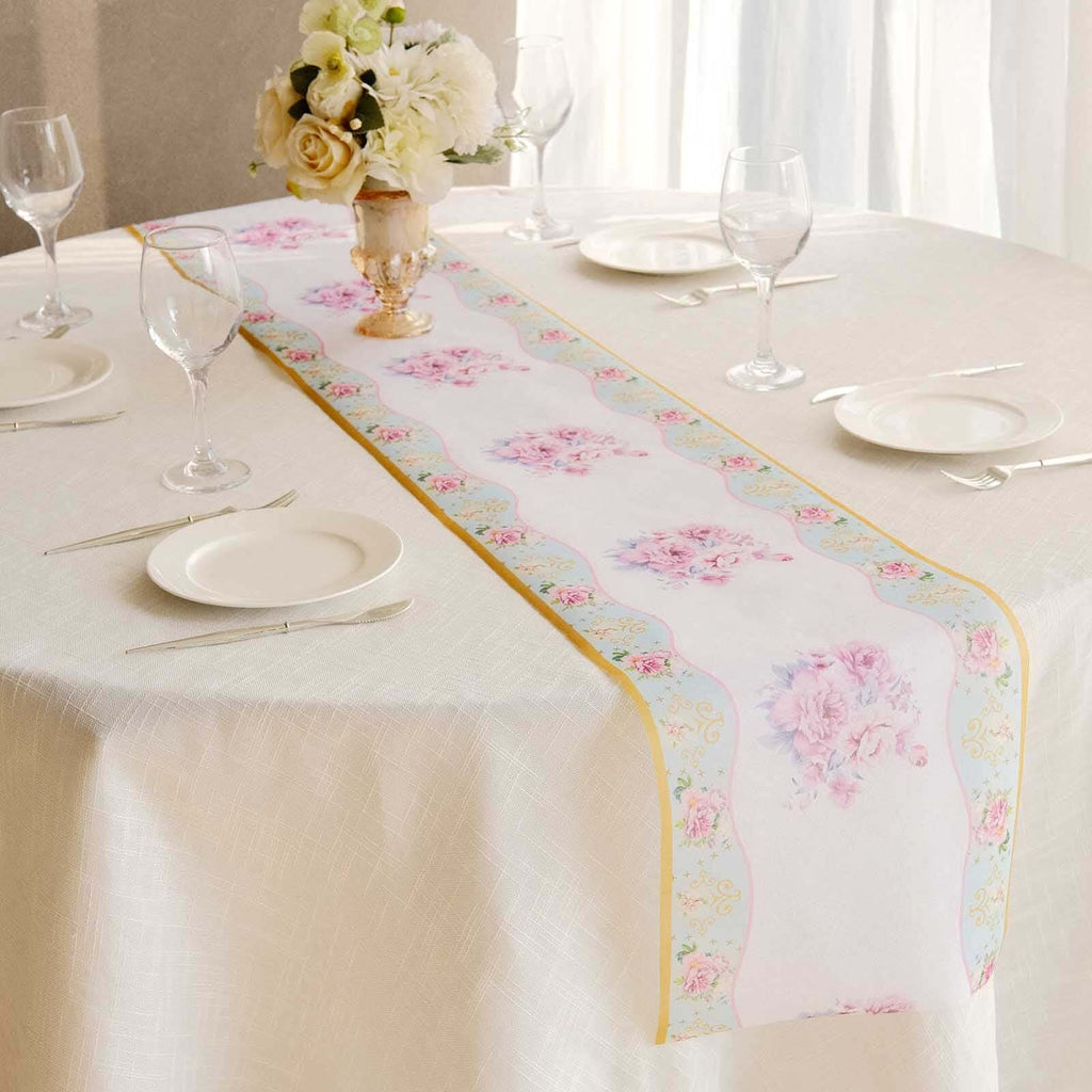 Disposable Table Runner 11"x108" White with Pink Peony Floral Print - Non - woven Stylish Spring Summer Dining Decor - Bell Racket Store