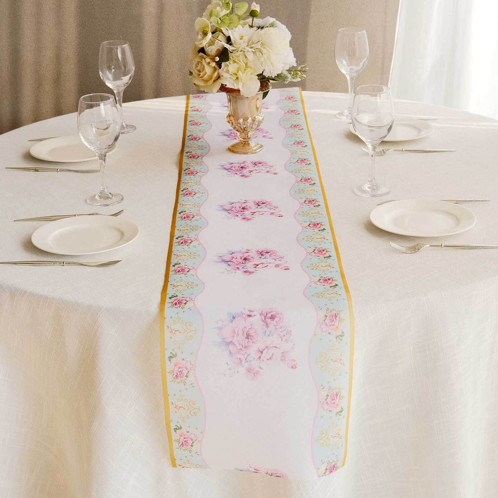 Disposable Table Runner 11"x108" White with Pink Peony Floral Print - Non - woven Stylish Spring Summer Dining Decor - Bell Racket Store