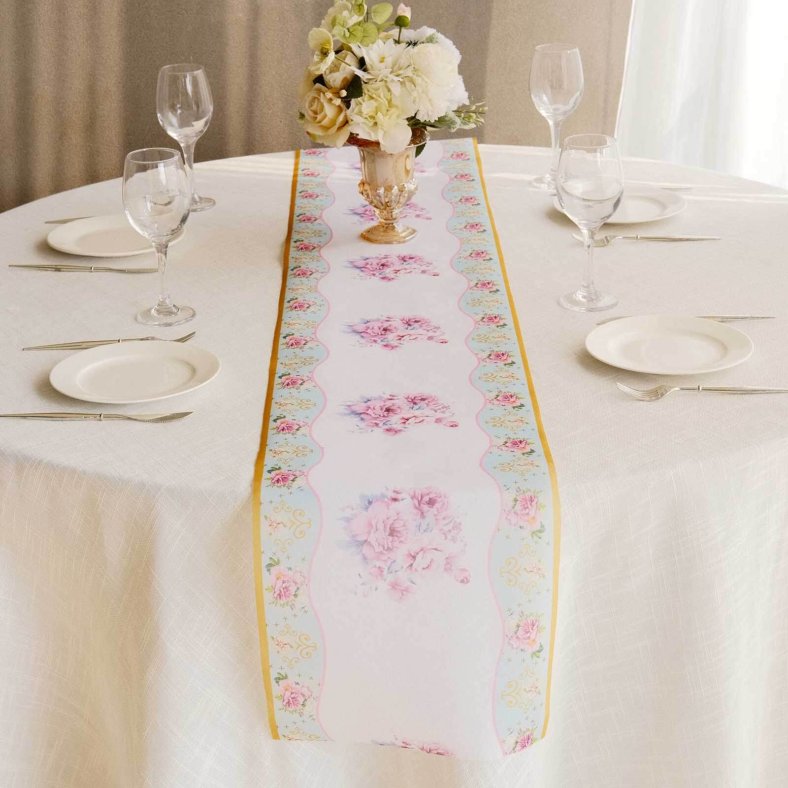 Disposable Table Runner 11"x108" White with Pink Peony Floral Print - Non - woven Stylish Spring Summer Dining Decor - Bell Racket Store