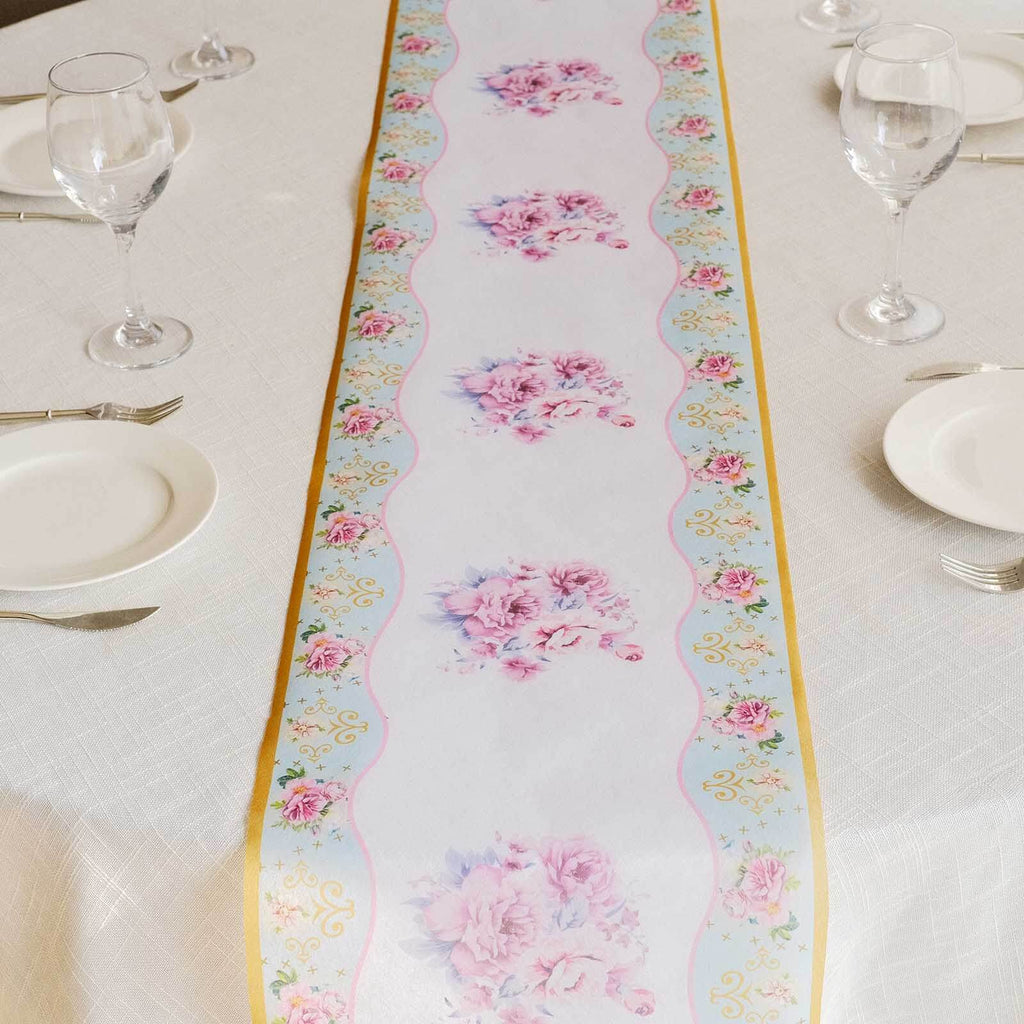 Disposable Table Runner 11"x108" White with Pink Peony Floral Print - Non - woven Stylish Spring Summer Dining Decor - Bell Racket Store