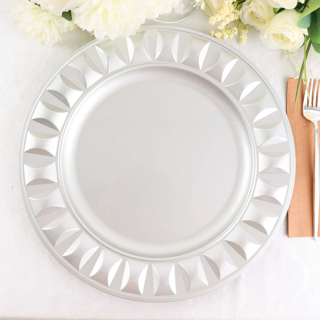 6-Pack Plastic Round Charger Plates 13" in Silver with Bejeweled Rim, Luxe Decorative Dinner Party Charger Tableware