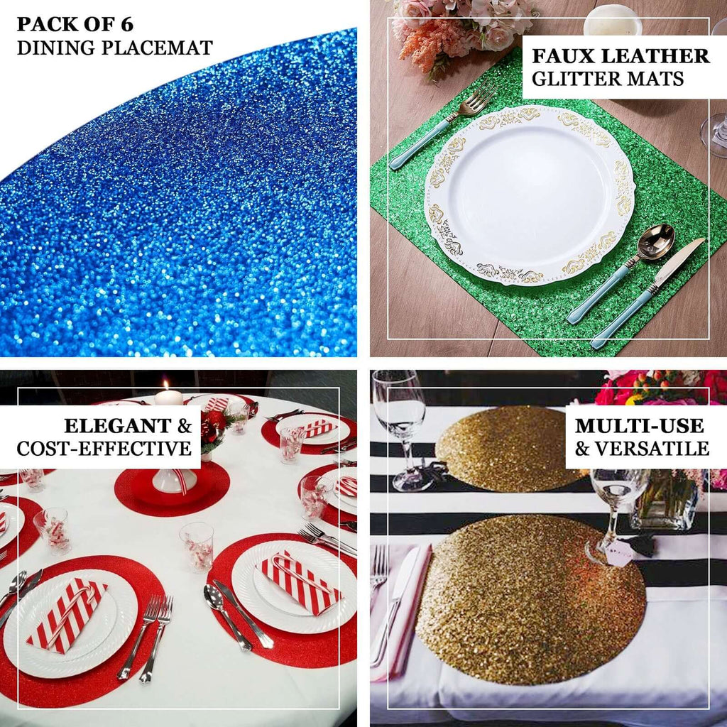 6-Pack Placemats Glitter Design Navy Blue Sparkle Round - Non-Slip Decorative Dining Table Mats 13"