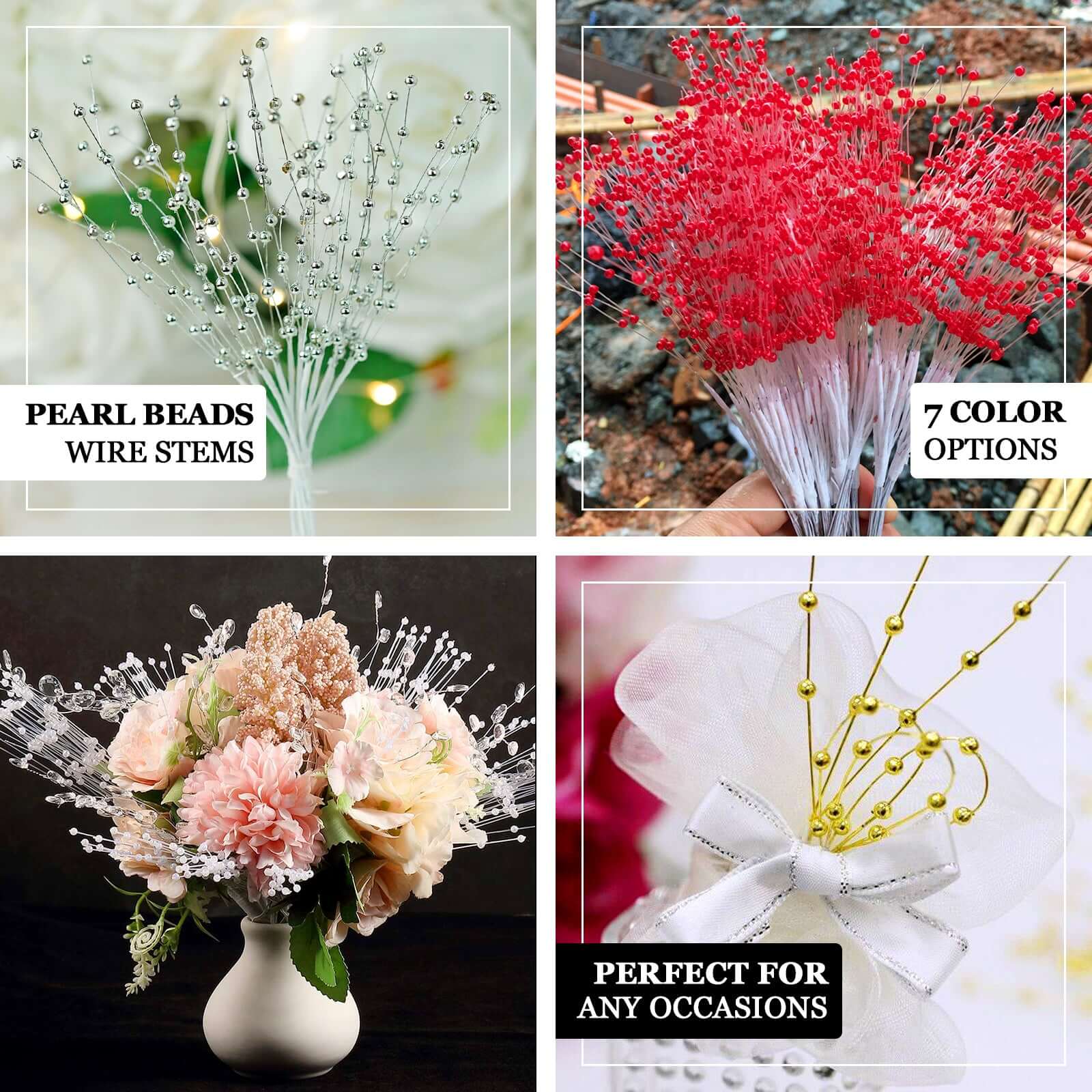 12 Bunches Faux Pearl Bead Spray Vase Fillers in Burgundy - Lustrous DIY Craft Beads 7"