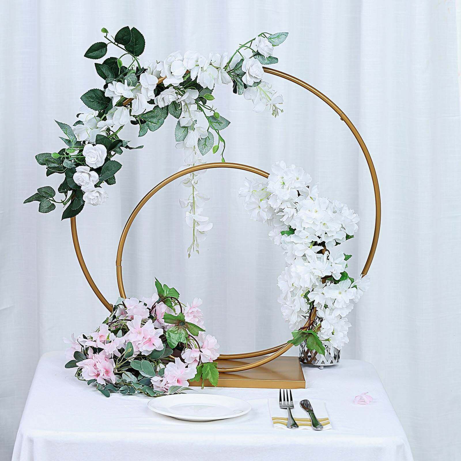 Double Hoop Flower Stand Metal Gold - Wedding Table Centerpiece for Receptions 24" & 16"