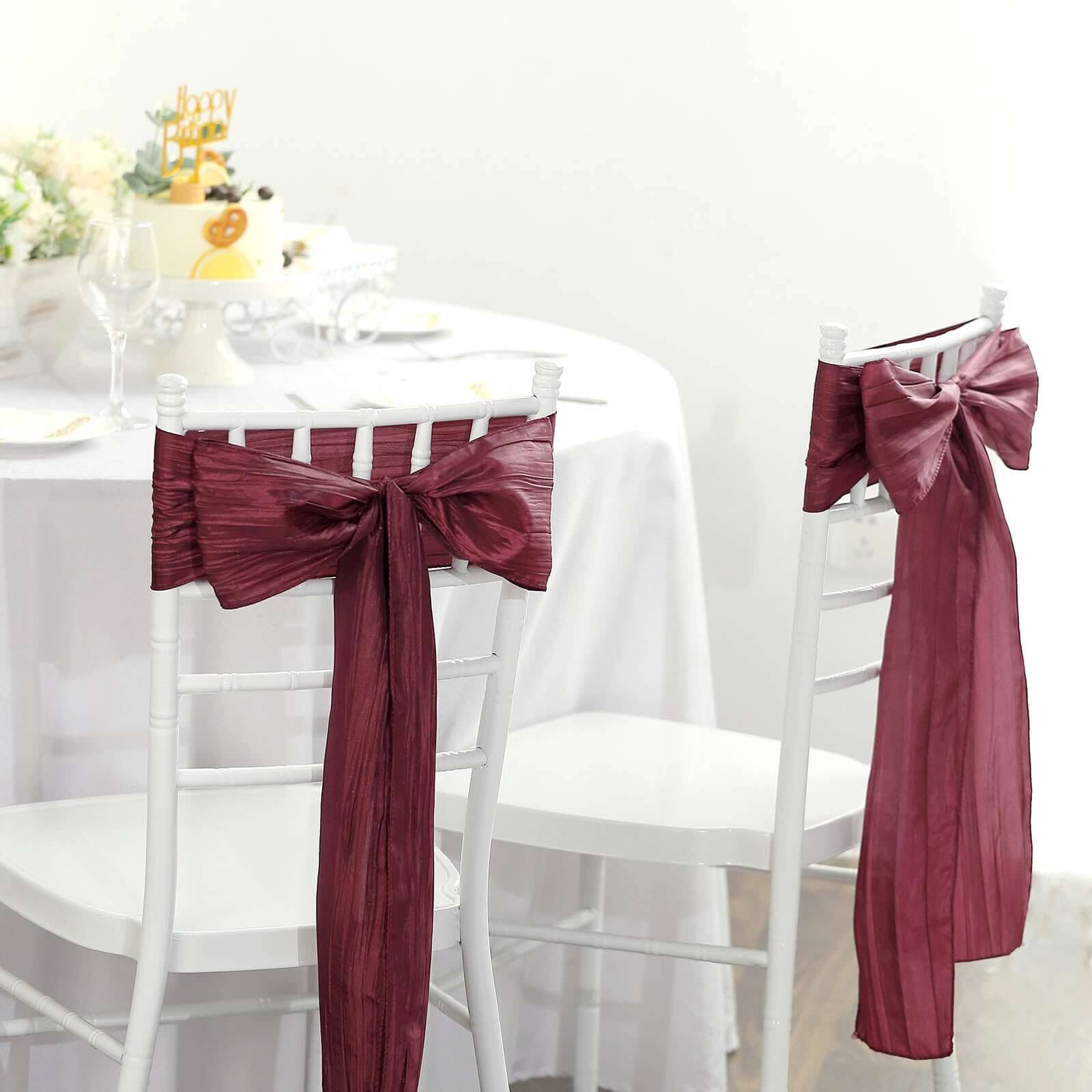 5 Pack Taffeta 6"x106" Chair Sashes Burgundy Accordion Crinkle Texture - Stylish Decor for Weddings & Gatherings