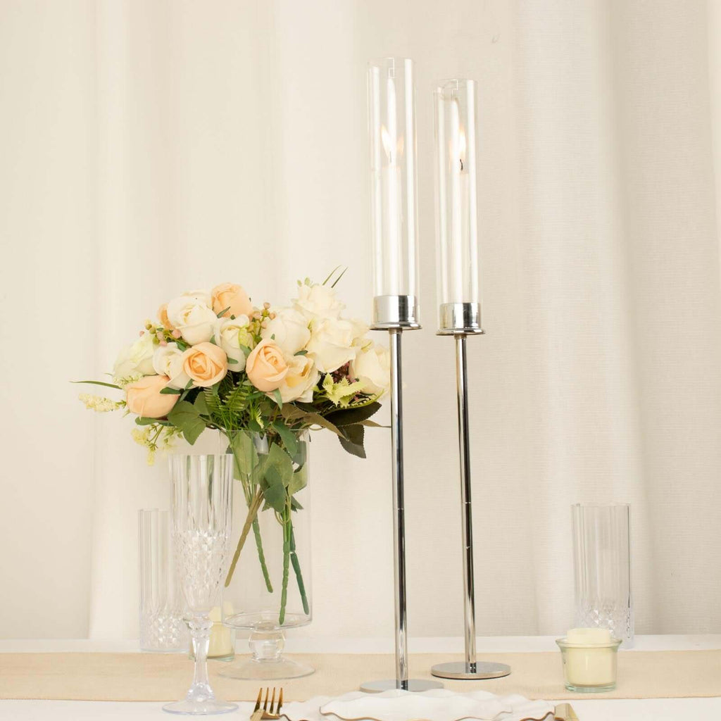2-Pack Silver Metal Taper Candlestick Holders, Clear Glass Hurricane Candle Stands With Chimney Candle Shades 24"