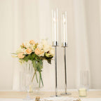 2-Pack Silver Metal Taper Candlestick Holders, Clear Glass Hurricane Candle Stands With Chimney Candle Shades 24"